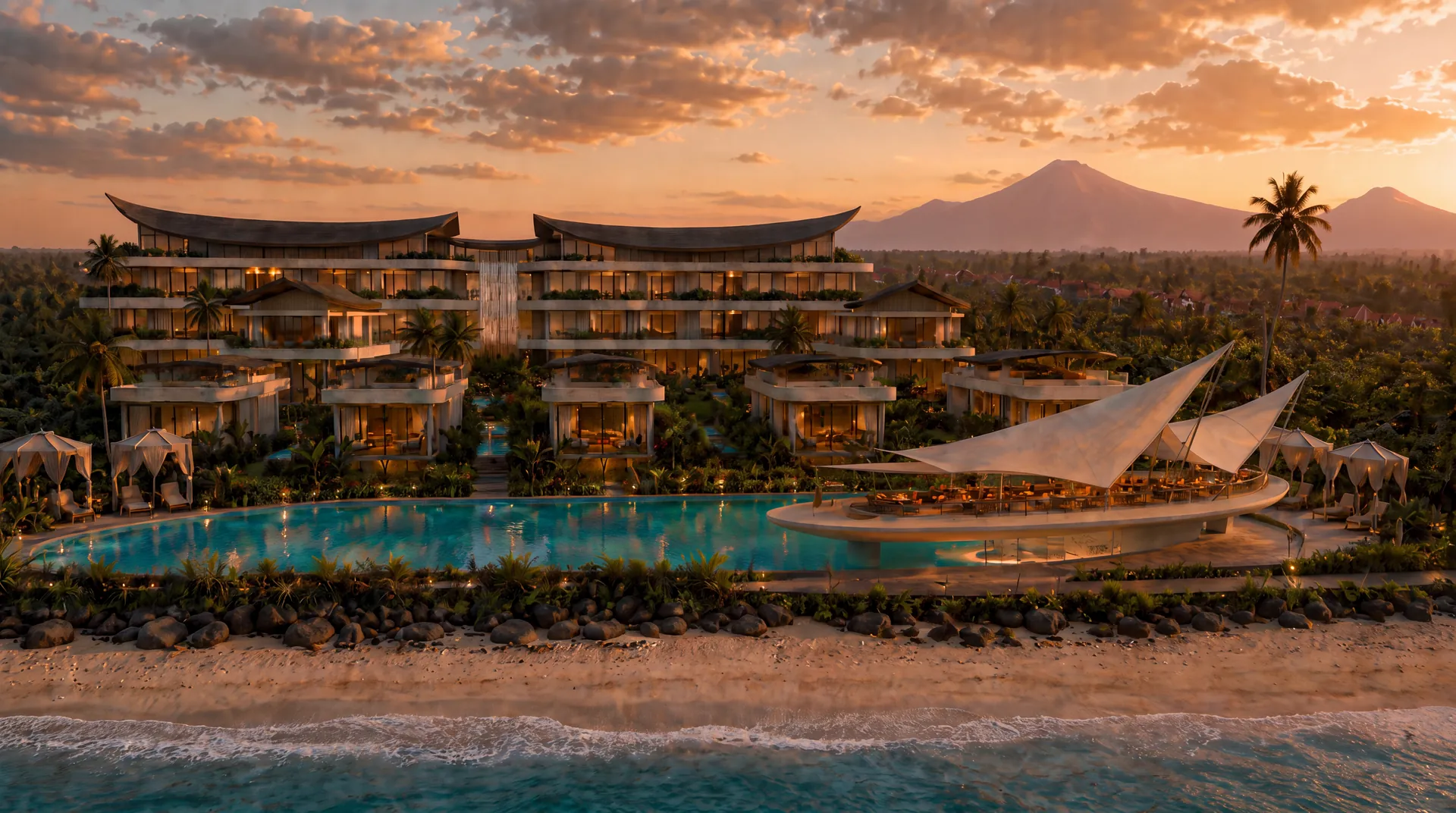 Aurora Sanur — комплекс с моря на закате